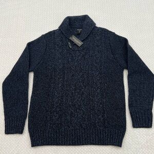 New Paolo Mondo Wool Blend Cable Knit Sweater Mens LARGE Blue Shawl Collar Italy